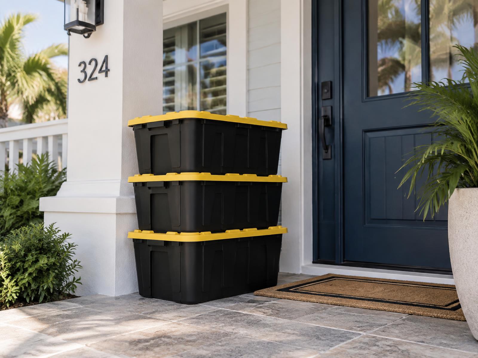 Stacked black moving totes with yellow lids on the porch of a modern Florida home